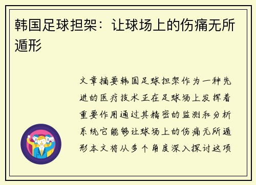 韩国足球担架：让球场上的伤痛无所遁形